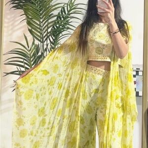 Yellow Floral Cape and Pants Set